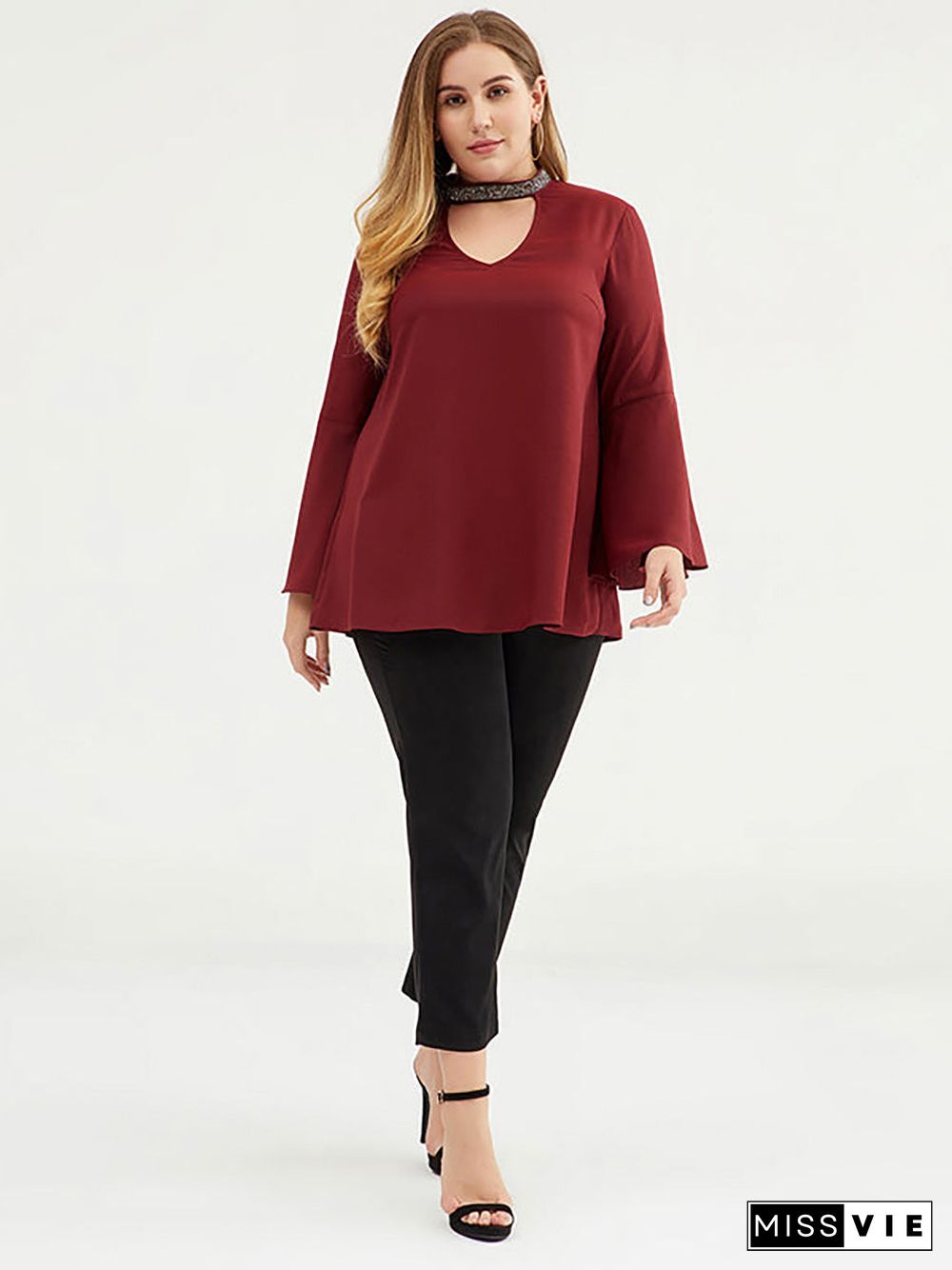 Plus Size Women 3/4 Flare Sleeve Solid Color T-shirt