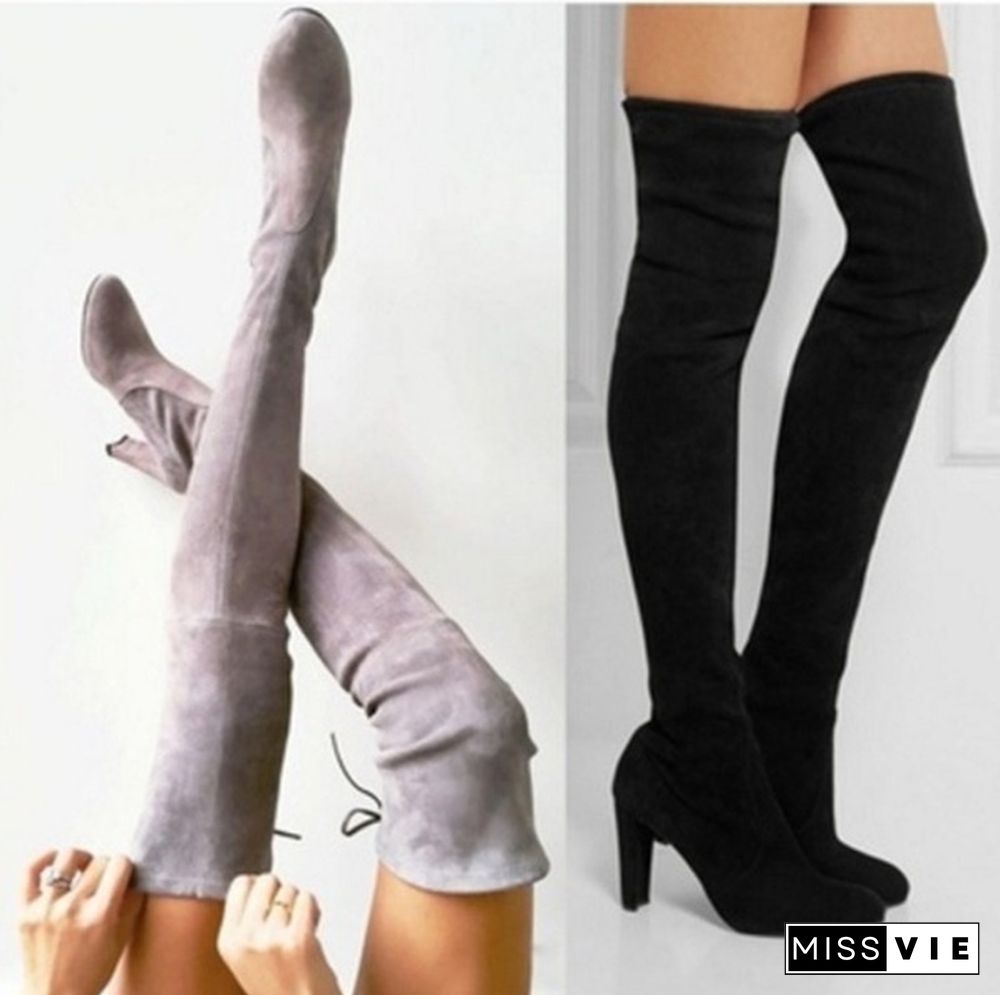 New Women's Fashion Over Knee High Boot Lace Up Sexy Stretch Slim Thigh High Heel Long Thigh Boots Shoes