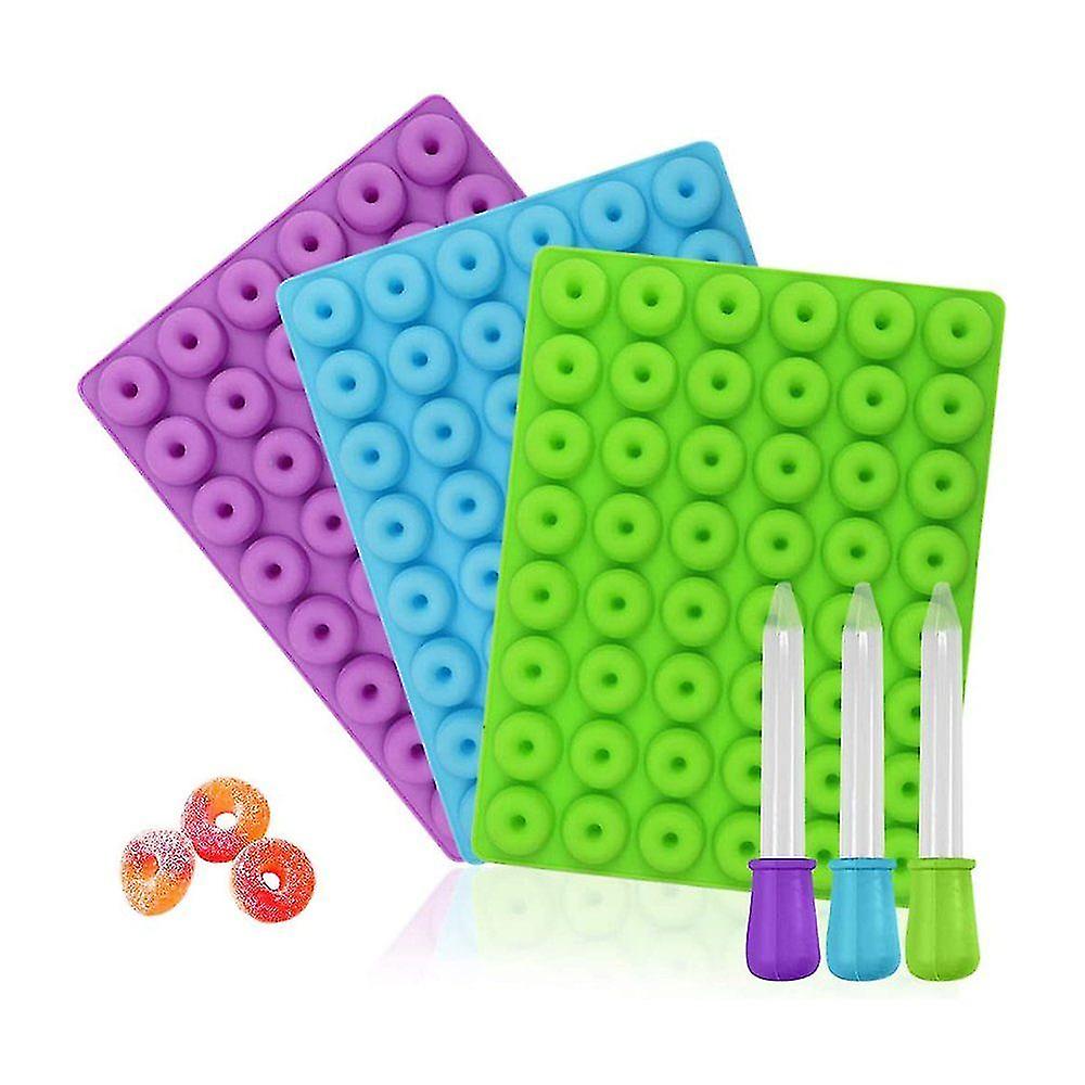 Mini Non Stick Donut Mold Food Grade Silicone Candy Chocolate Jelly Ice Cube Mold With 3 Pipettes 3 Piece Set Blue Green Purple