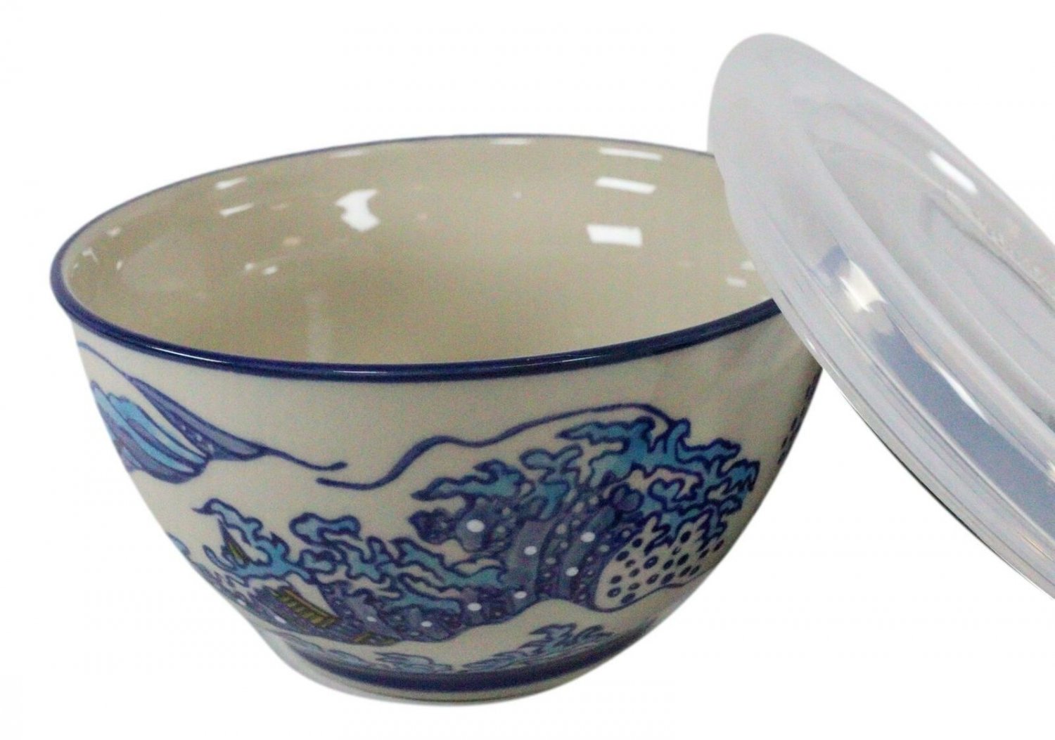 1 Set of 2 Ceramic Hokusai Great Wave Portion Meal Bowls 2 Cups W/ Lid EBR02