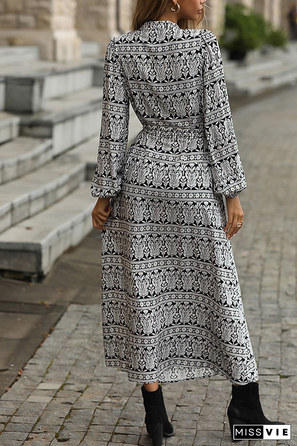 Black And White Floral Print Front Tie Drawstring Maxi Dress