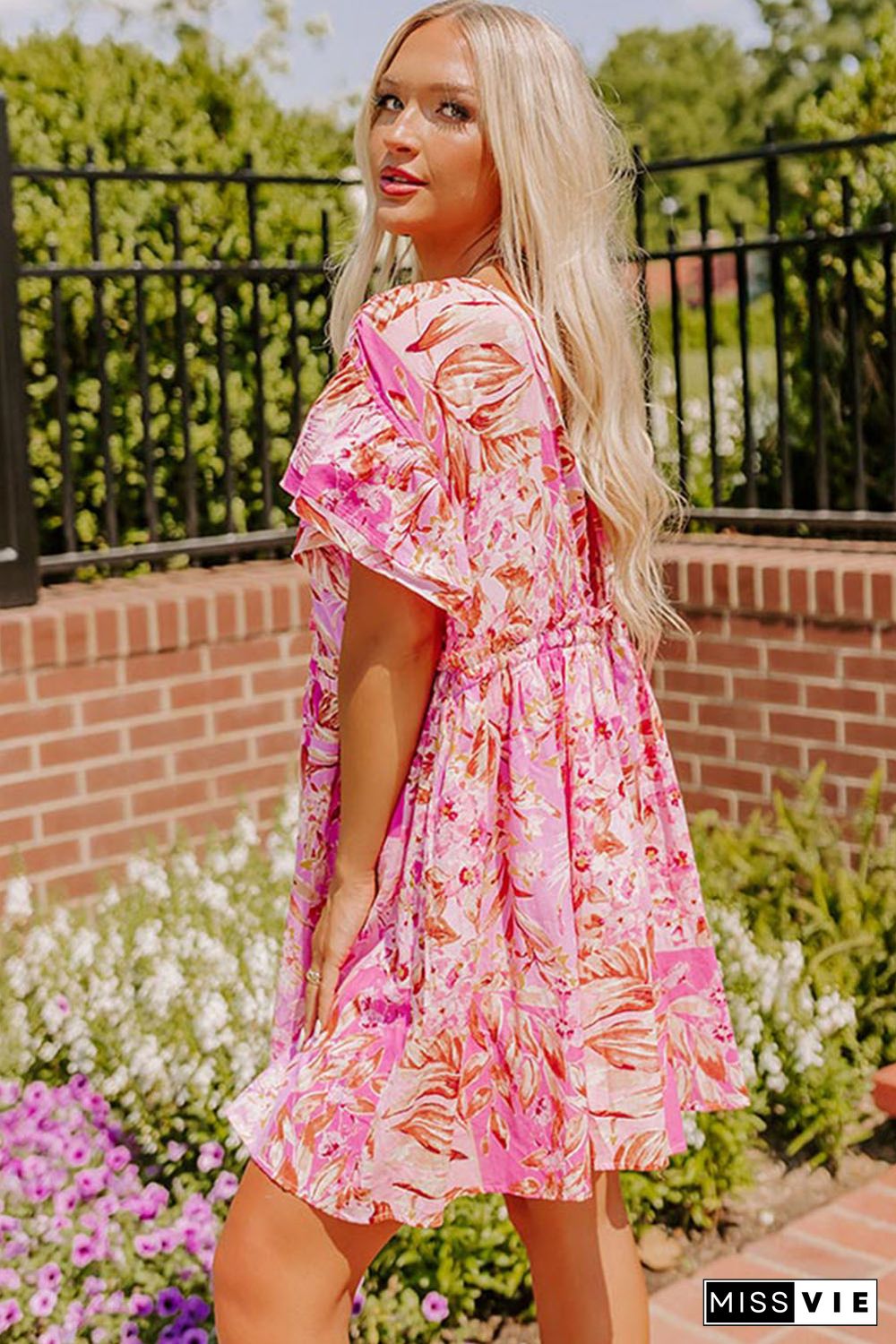 Pink Tie Knot Open Back V Neck Floral Dress