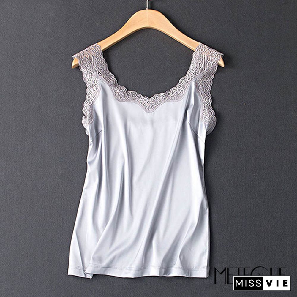 Sexy Backless Lace Stitching Women Satin Camisole Casual Imitation Silk Bottoming Woman Camis Multi Color Inner Tops Summer