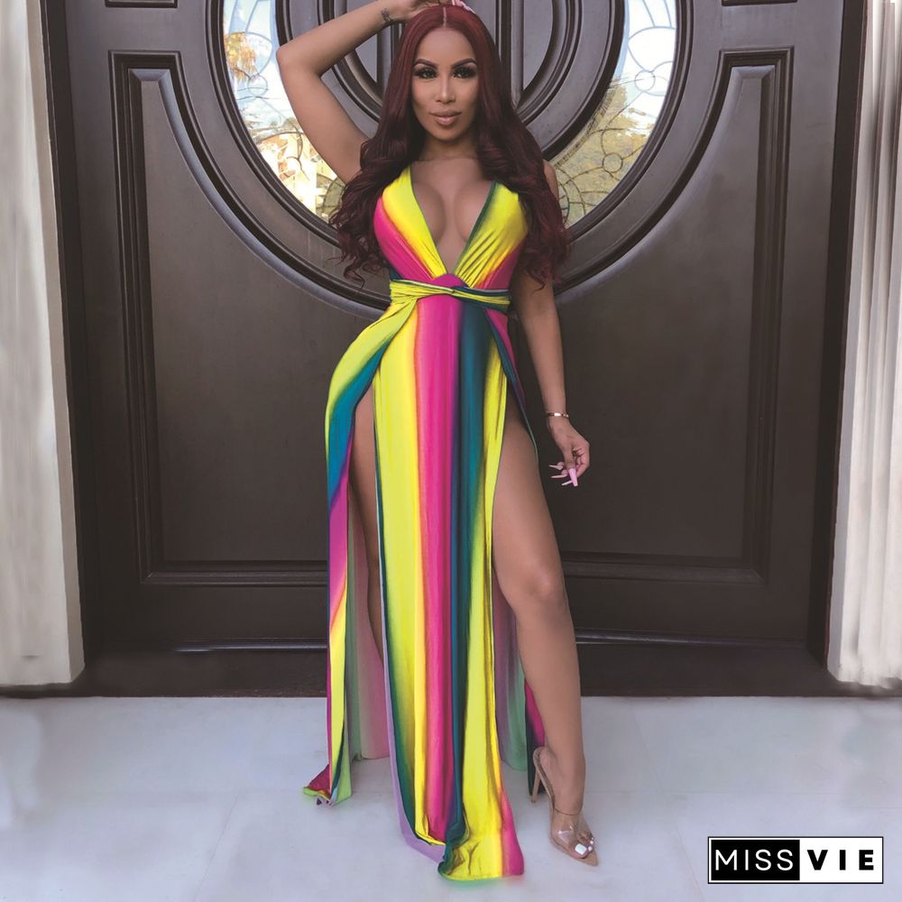 Sexy Rainbow Striped Print Deep V Neck High Slit Maxi Dress