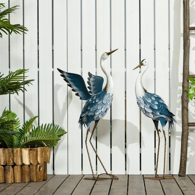 amp 27 5 quot Standing Bird Sculptures Metal Yard Art Decor Landscape Decoration Set Of 2 Blue amp White