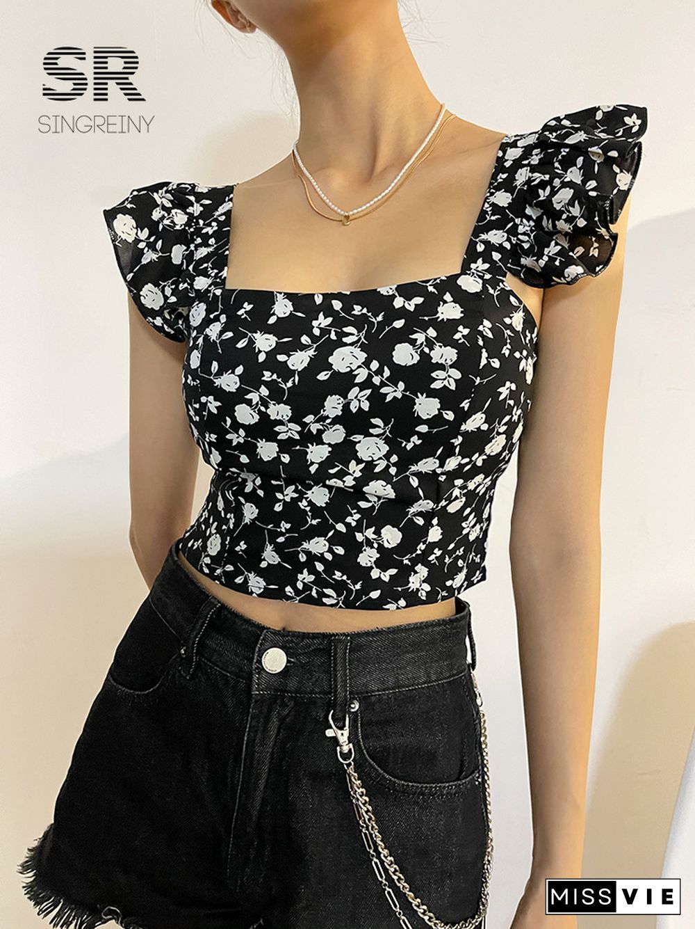 Summer Floral Strap Tops Women Square Neck Bow Ruffles Short Camisole Fashion Korean Flower Ladies Elastic Waist Top