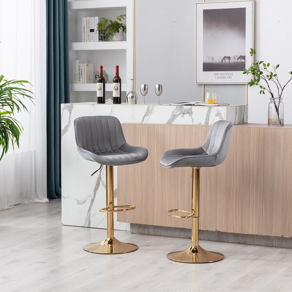 Swivel Velvet Adjustable Bar Stools with Footrest，Set of 2