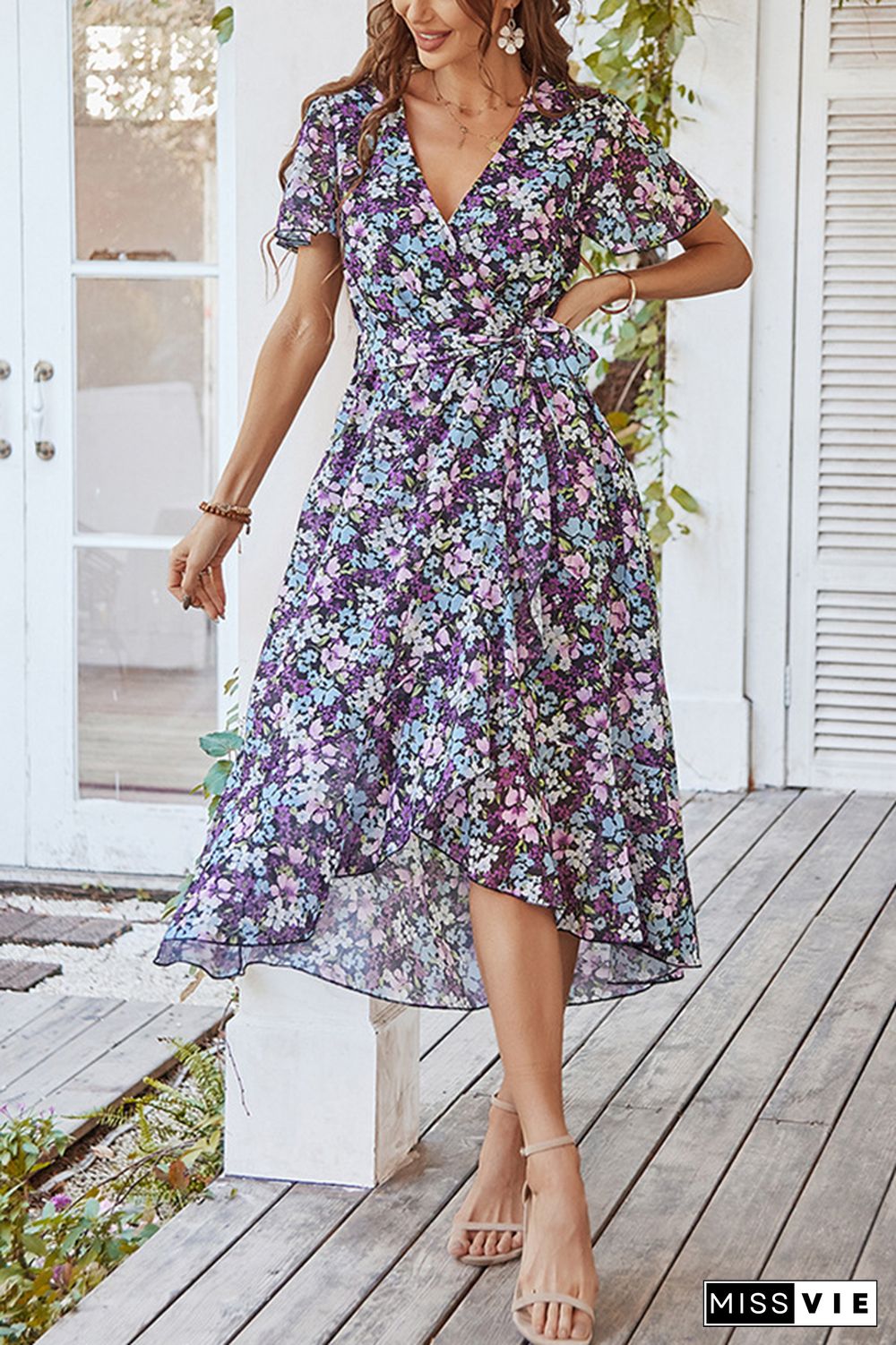 Floral Print V-neck Tie Waist Dress Wholesale