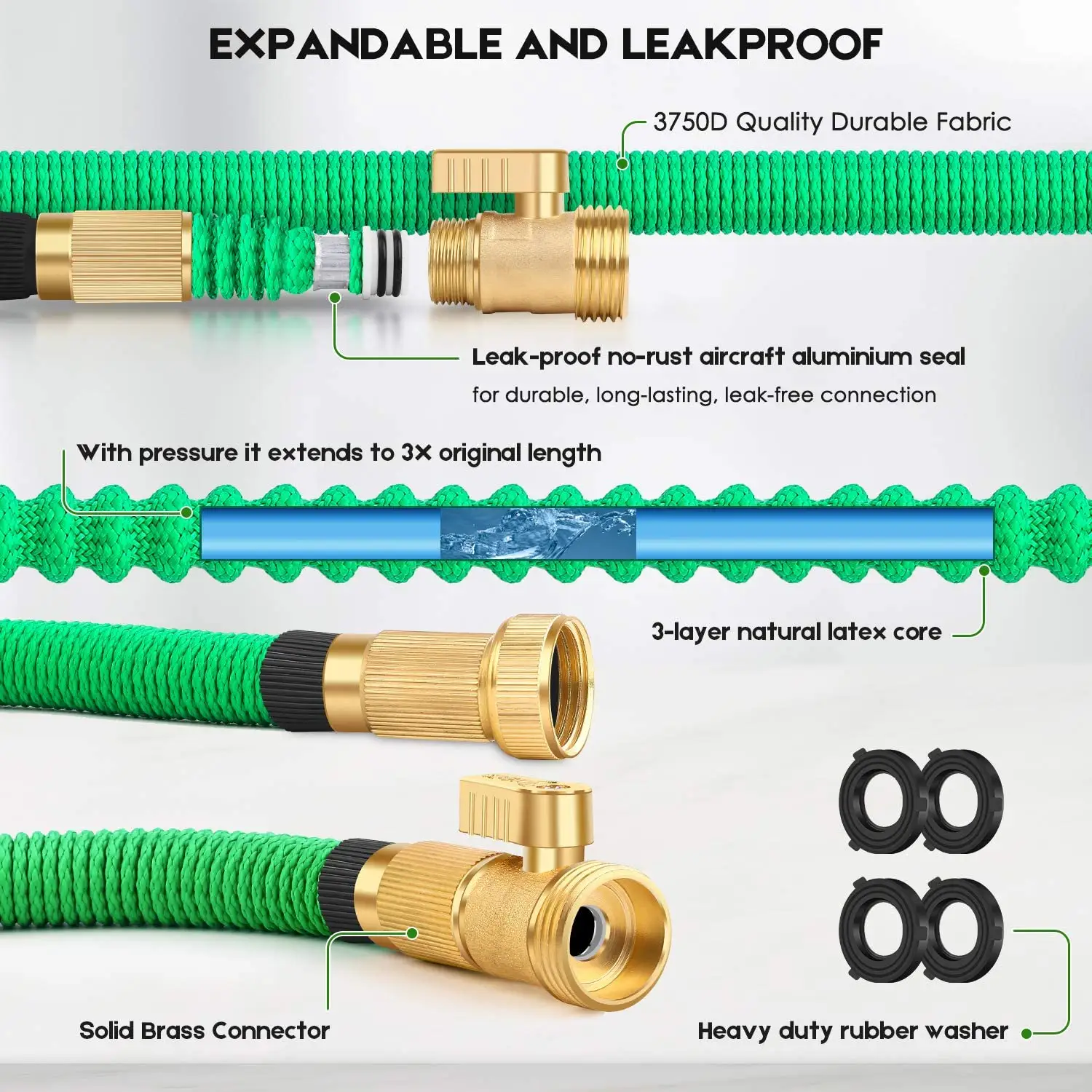 Green Expandable Hose Garden Supplies on/off Brass Valve 2500D Fabric TPE inner tube with 10 pattern spray nozzle