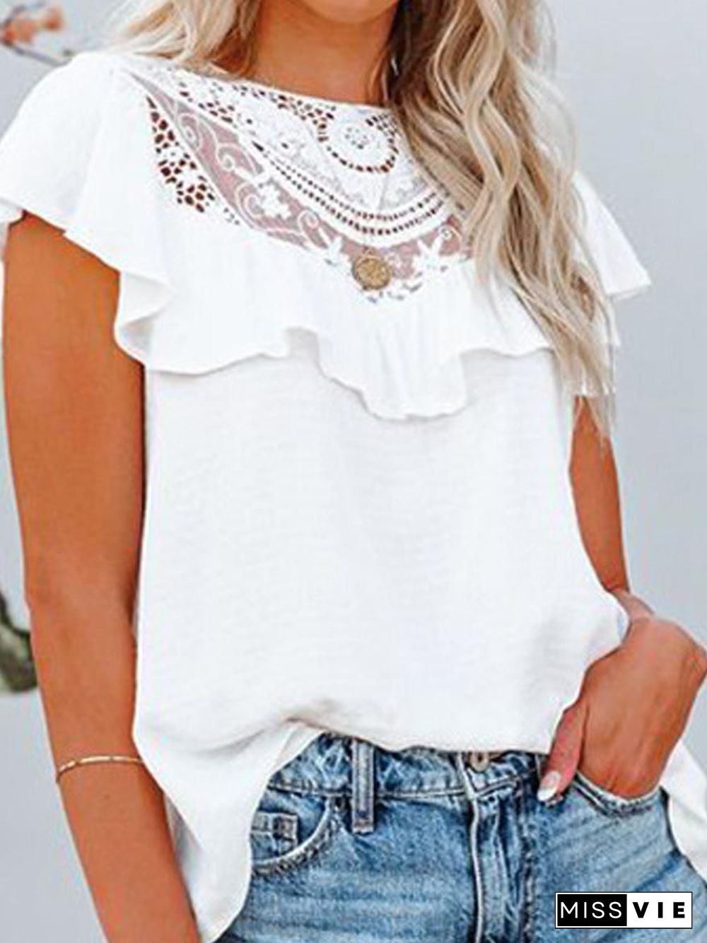 Fashion Lace Ruffle Short Sleeve T-Shirt