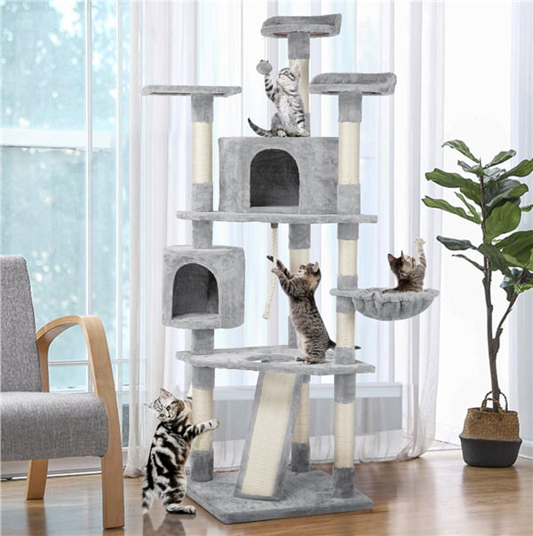 Topeakmart Multi-level Cat Tree Condo Tower with Basket， Scratching Posts and Ramp Light Gray， 79'' H