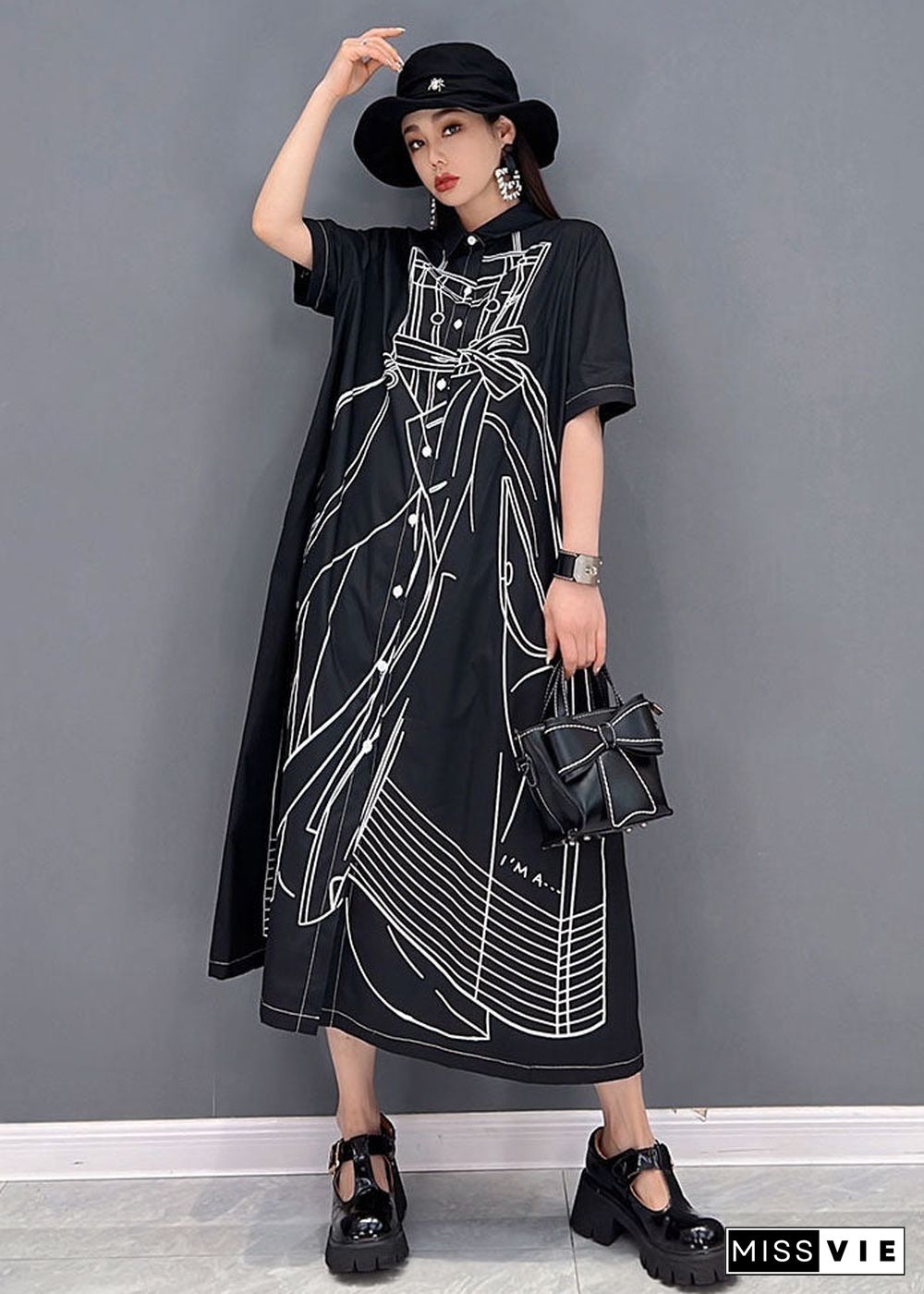 Women Black Peter Pan Collar Print Cotton Linen Shirt Dress Short Sleeve