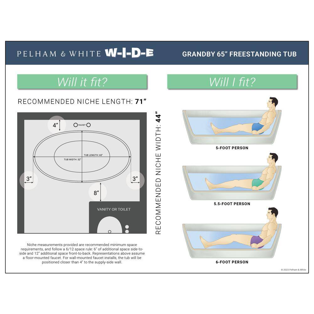 PELHAM  WHITE W-I-D-E Series Grandby 65 in. Acrylic Oval Freestanding Bathtub in White Drain in White PW82082-W