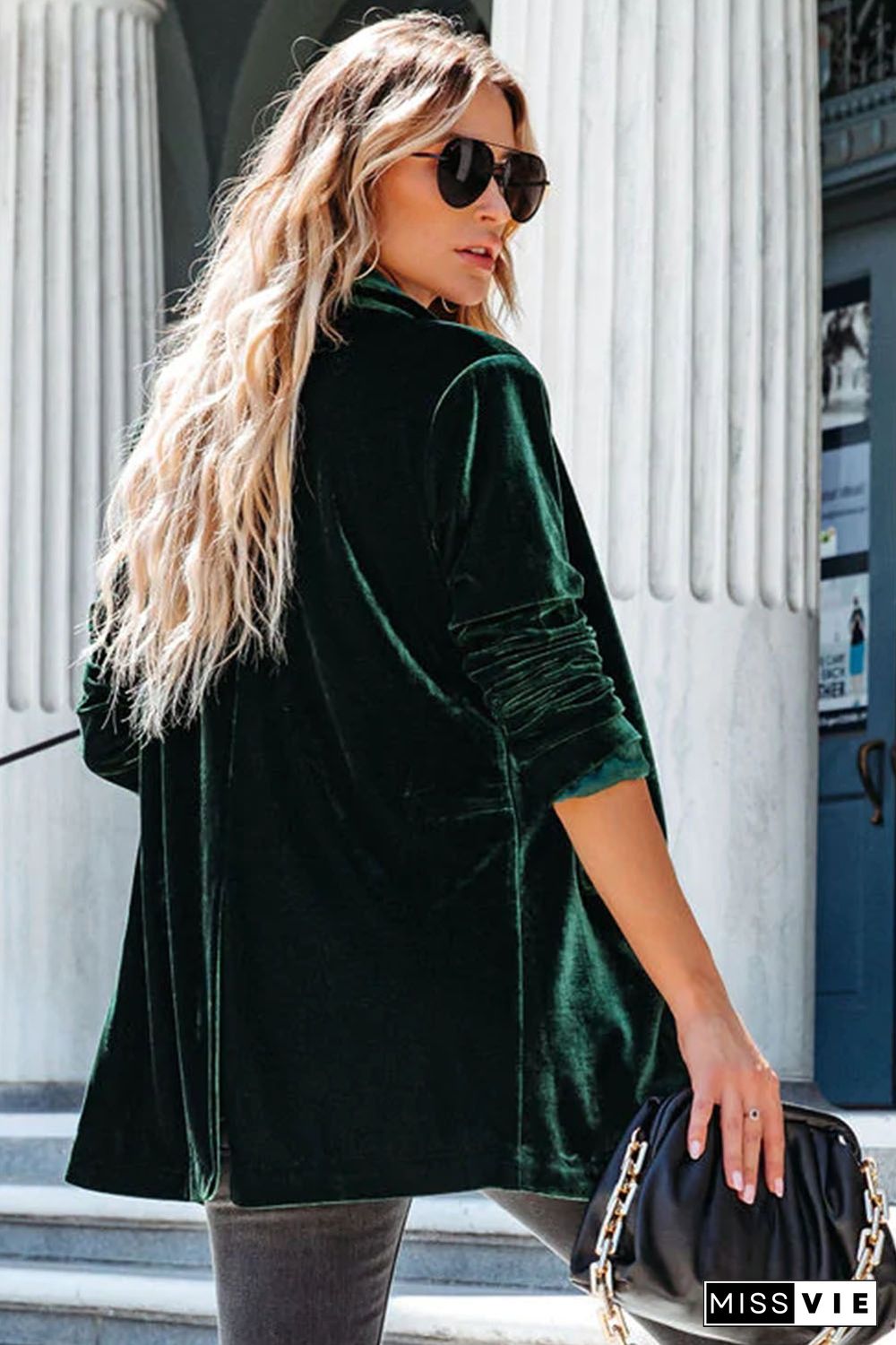 Green Casual Pocketed Velvet Blazer