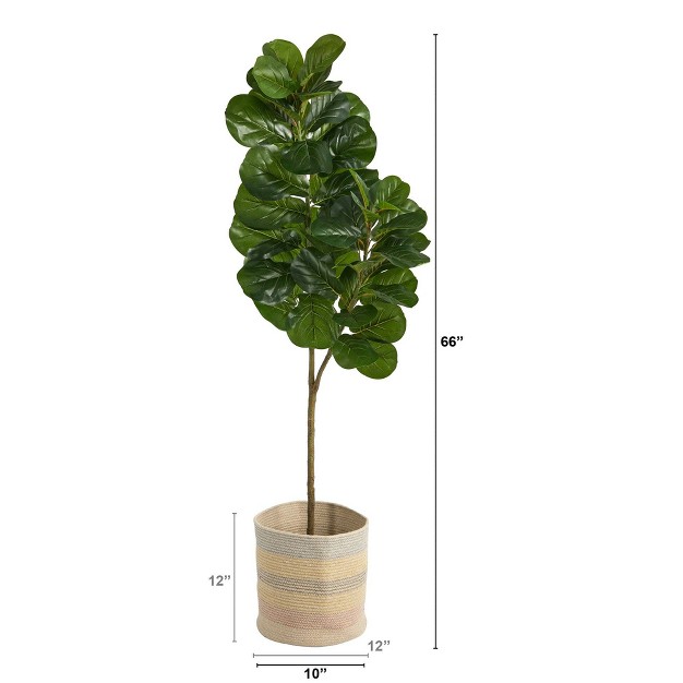 Nearly Natural 5.5-ft Fiddle Leaf Fig Artificial Tree In Handmade Natural Cotton Multicolored Woven Planter