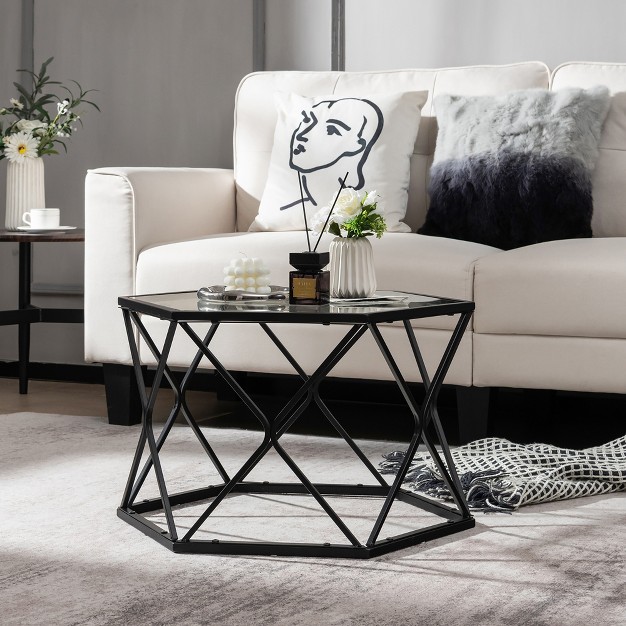 Costway Coffee Table Geometric Glass Modern W tempered Glass Top amp Metal Legsliving Roo