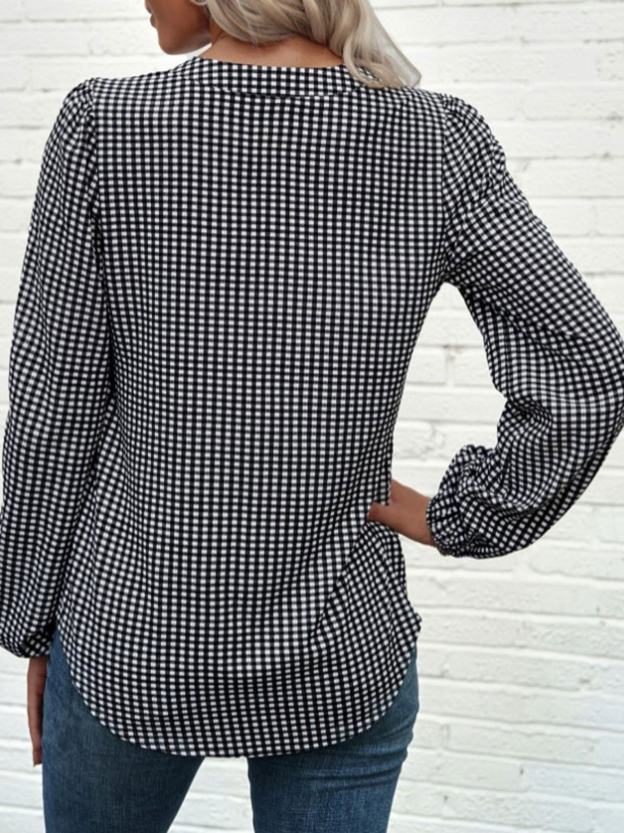 V-neck Casual Loose Check Print Long Sleeve Blouse