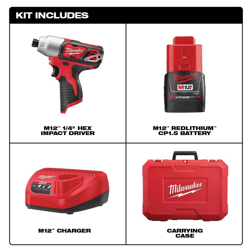 MW M12 12V Lithium-Ion Cordless 14 in. Impact Driver Kit W(2) 1.5Ah Batteries Charger  Case 2462-22