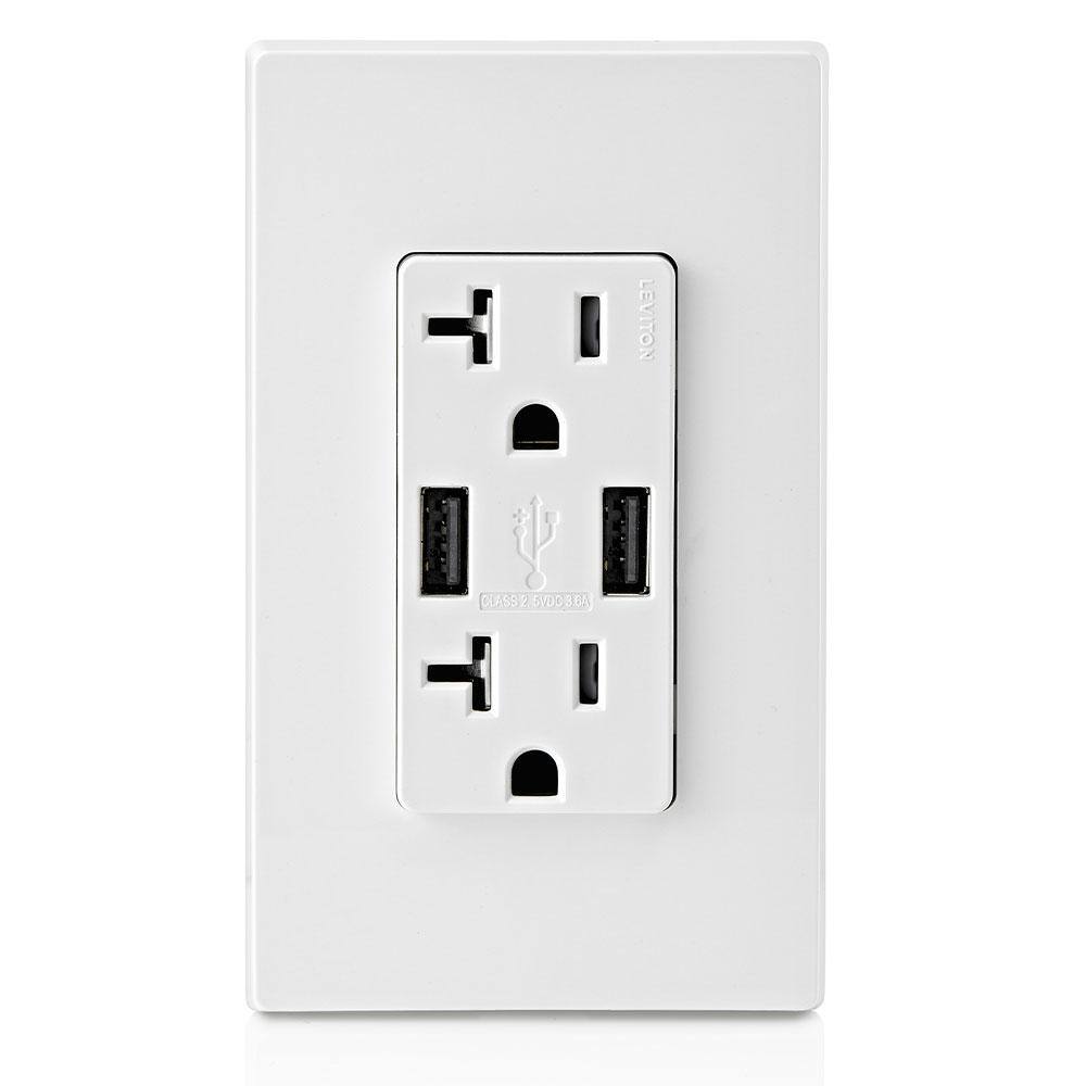 Leviton Decora 20 Amp 125-Volt Combination Duplex Outlet and USB Outlet White R02-T5832-0BW