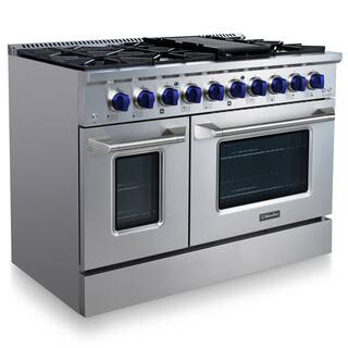 MUELLER 48 in. 6.7 cu. ft. Freestanding Double Oven Gas Range with 8 Burners and Griddle in Stainless Steel with Blue Knobs GR-670B