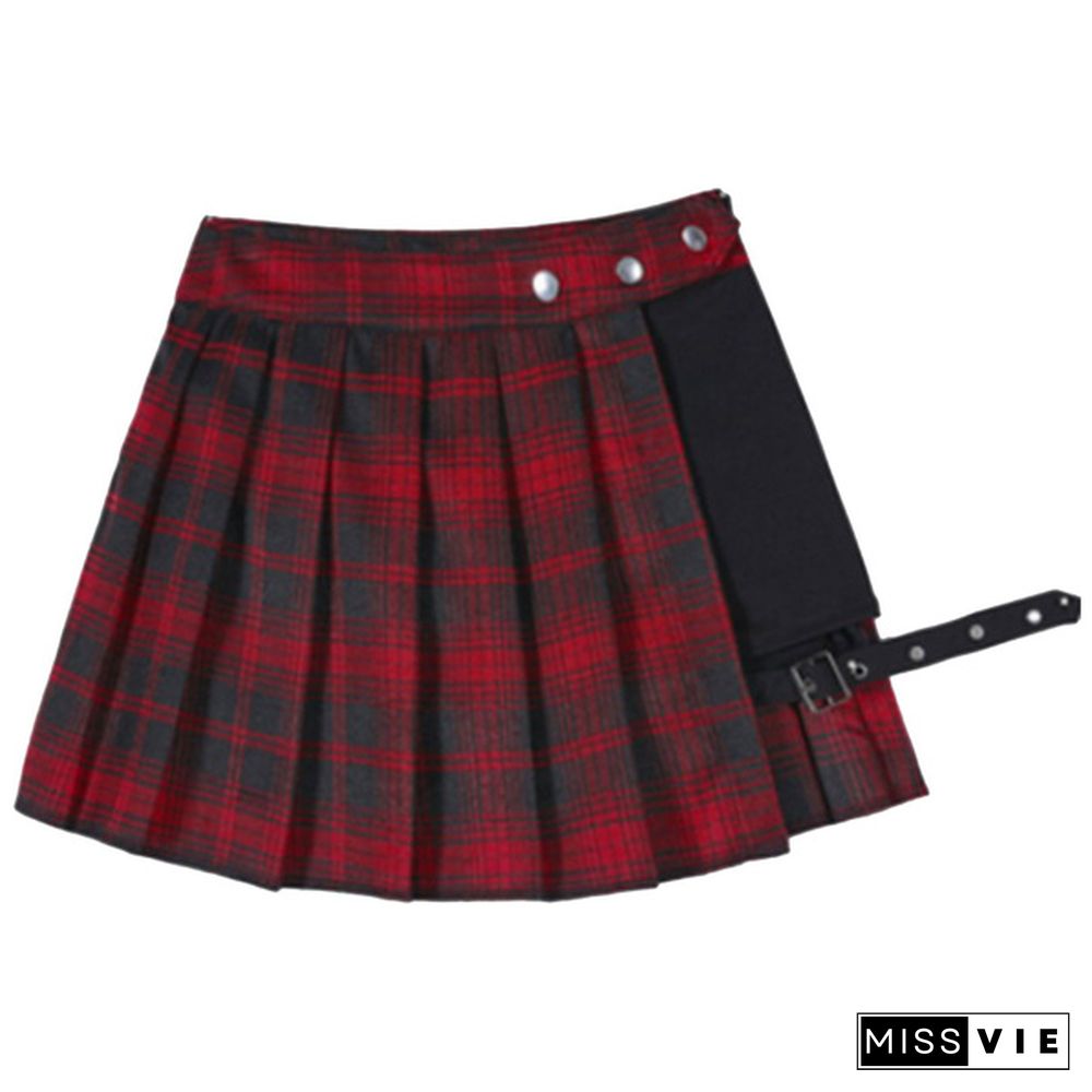 Women Summer Plaid Pleated Skirt Punk Gothic Style Cosplay Plaid Pantskirt Split Skirt #S-Xl