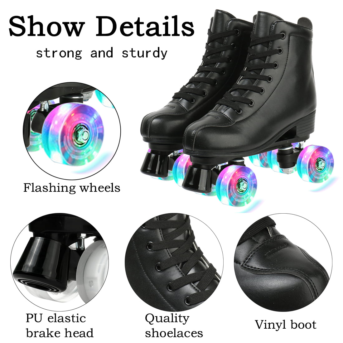 Roller Skates For Women Skates Lighting Flash Wheels Roller Skates High Top Soft Leather  Shiny Roller Skates For Beginners Indoor and Outdoor， Pure Black No Pattern， Size 8.5