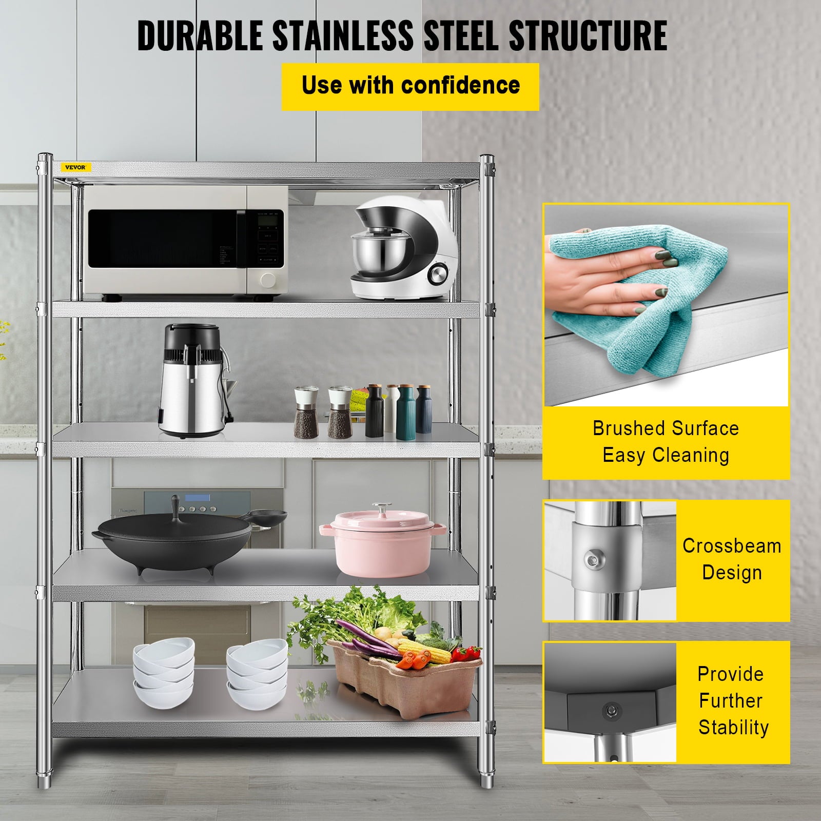 VEVORbrand Stainless Steel Shelving 48x18.5 inch 5 Tier Adjustable Shelf Storage Unit Heavy Duty Shelving for Kitchen Commercial Office Garage Storage 330lb Per Shelf