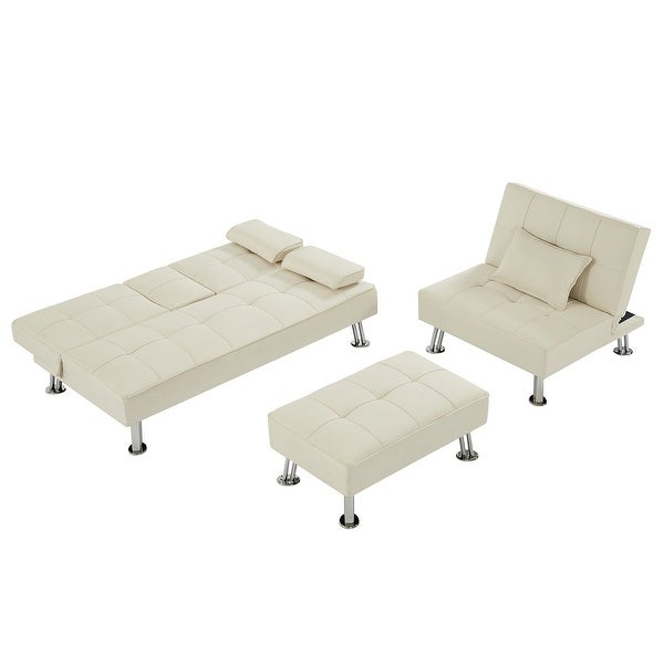 3 Pc Convertible Fabric Folding Sofa Bed with 2 Cup Holders and Removable Armrest and Single Sofabed with Ottoman