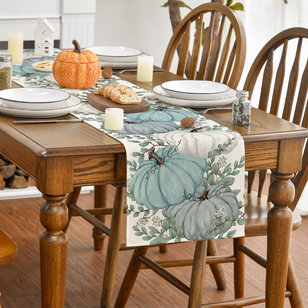 Sanmadrola Fall Table Runner Eucalyptus Leaves Pumpkins Table Runners for Thanksgiving Dining Kitchen Table Decorations Autumn Farmhouse Decor for Indoor Outdoor Party， 13 x 72 Inches