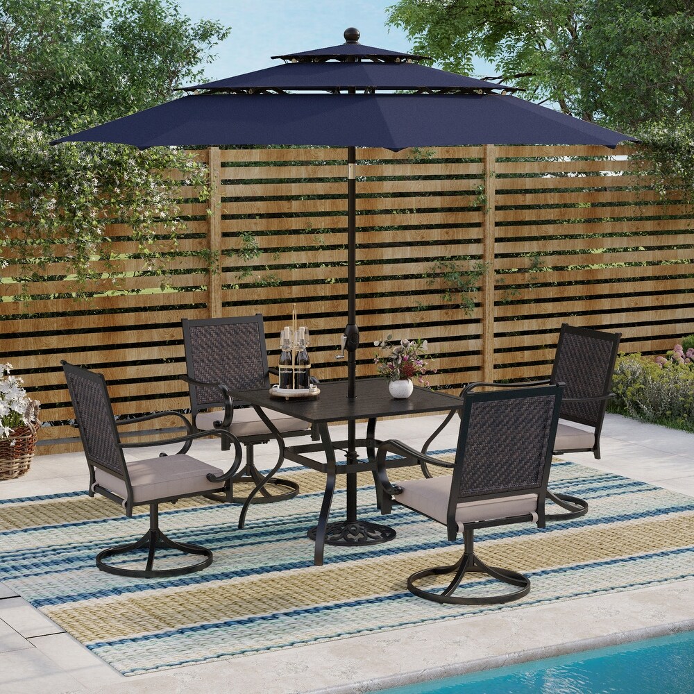 5/7 piece Patio Dining Set  4/6 Rattan Swivel Chairs with Cushion and 1 Metal Table with Umbrella Hole