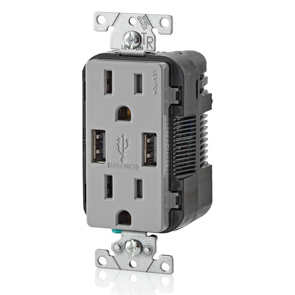 Leviton 3.6A USB Dual Type A In-Wall Charger with 15 Amp Tamper-Resistant Outlets Gray T5632-BG