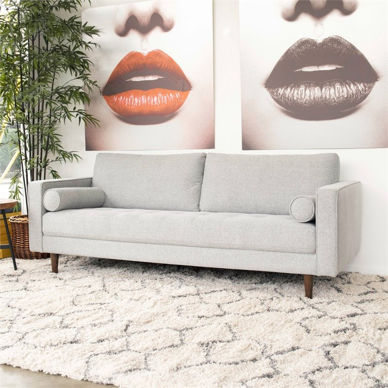 Demi Living Room Mid Century Modern Cushion Back Fabric Sofa in Beige   Midcentury   Sofas   by Homesquare  Houzz