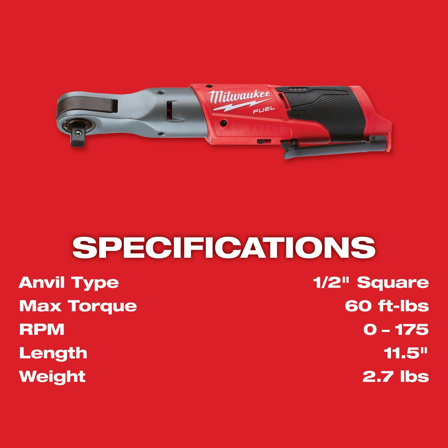 MW M12 FUEL 12 V 1/2 in. Brushless Cordless Ratchet Tool Only