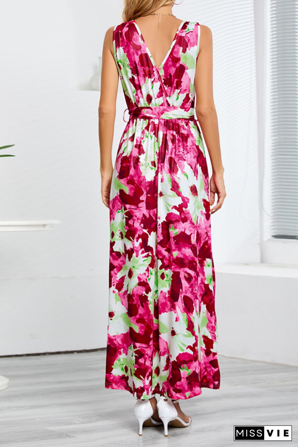 Wrap V Neck High Split Sleeveless Floral Maxi Dress