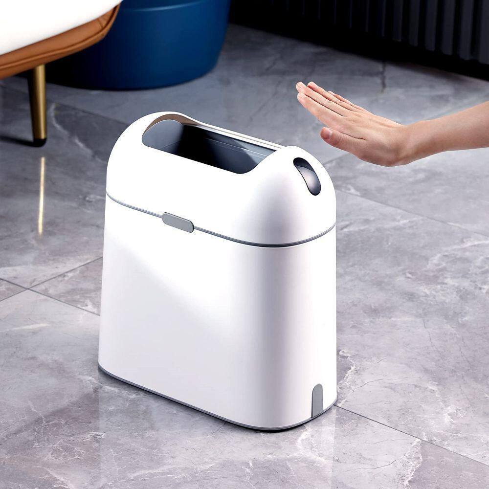 Dracelo Motion Sensor 2.5 Gal. Waterproof Waste Basket with Butterfly lid in. White with Grey Button B09L48632Y