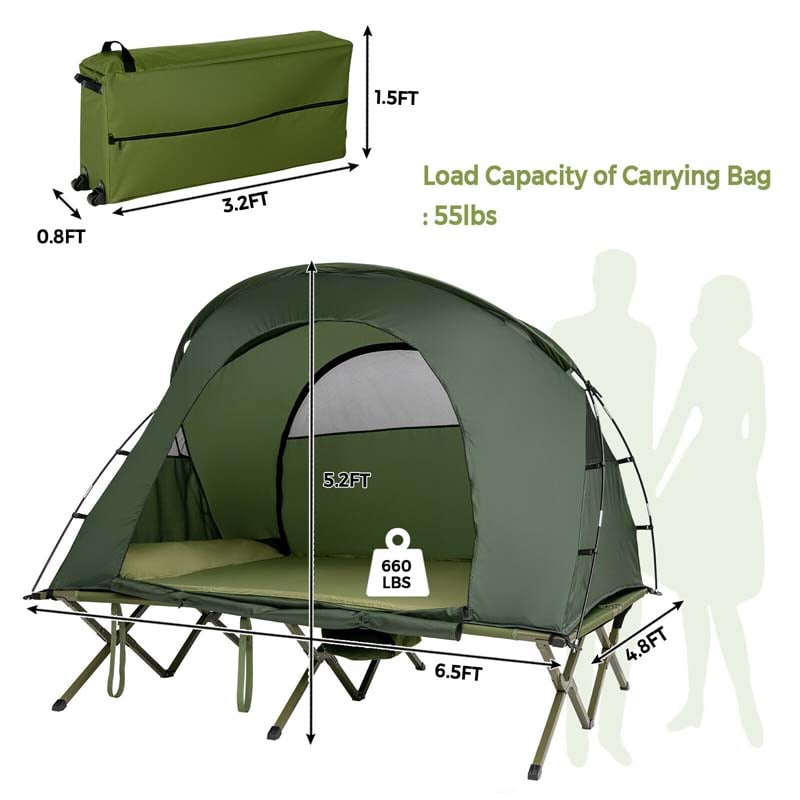 2-Person 4-in-1 Camping Cot Tent Off-Ground Elevated Folding Tent with Cover, Mattress & Roller Carrying Bag