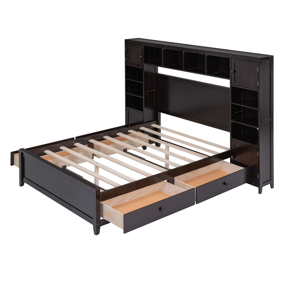 Full Wooden Bed With  in One Cabinet  Shelf   4 Drawers  Espresso