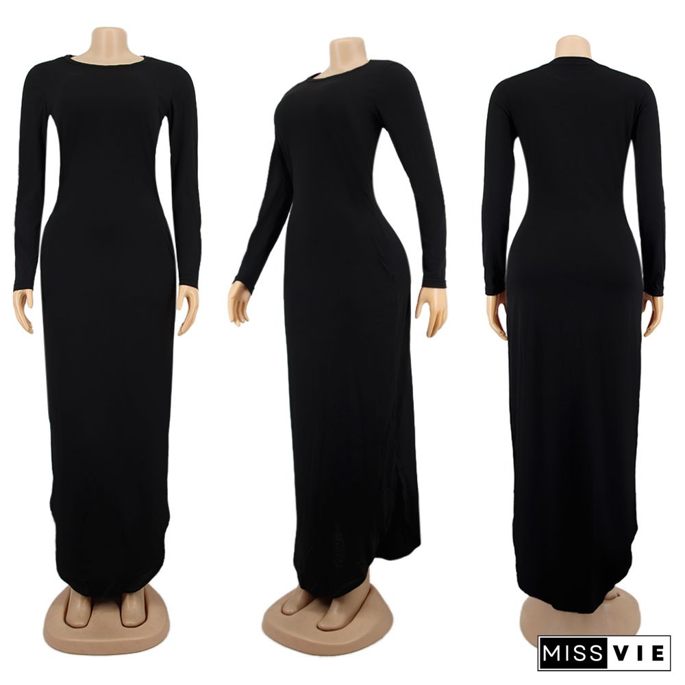 Autumn Round Neck Long-sleeved Floor-length Slit Dress