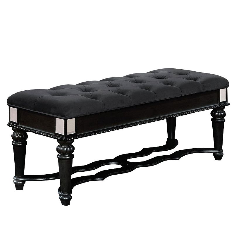 Fabric Padded Bench with Deep Button Tufting and Turned Legs， Black