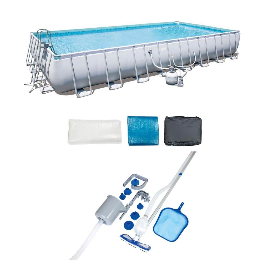 Bestway 31'4 ft. x 16 ft. Rectangle Frame 52 in. Deep Swimming Pool and Pool Cleaning Vacuum and Maintenance Accessories Kit 56625E-BW + 58237E-BW