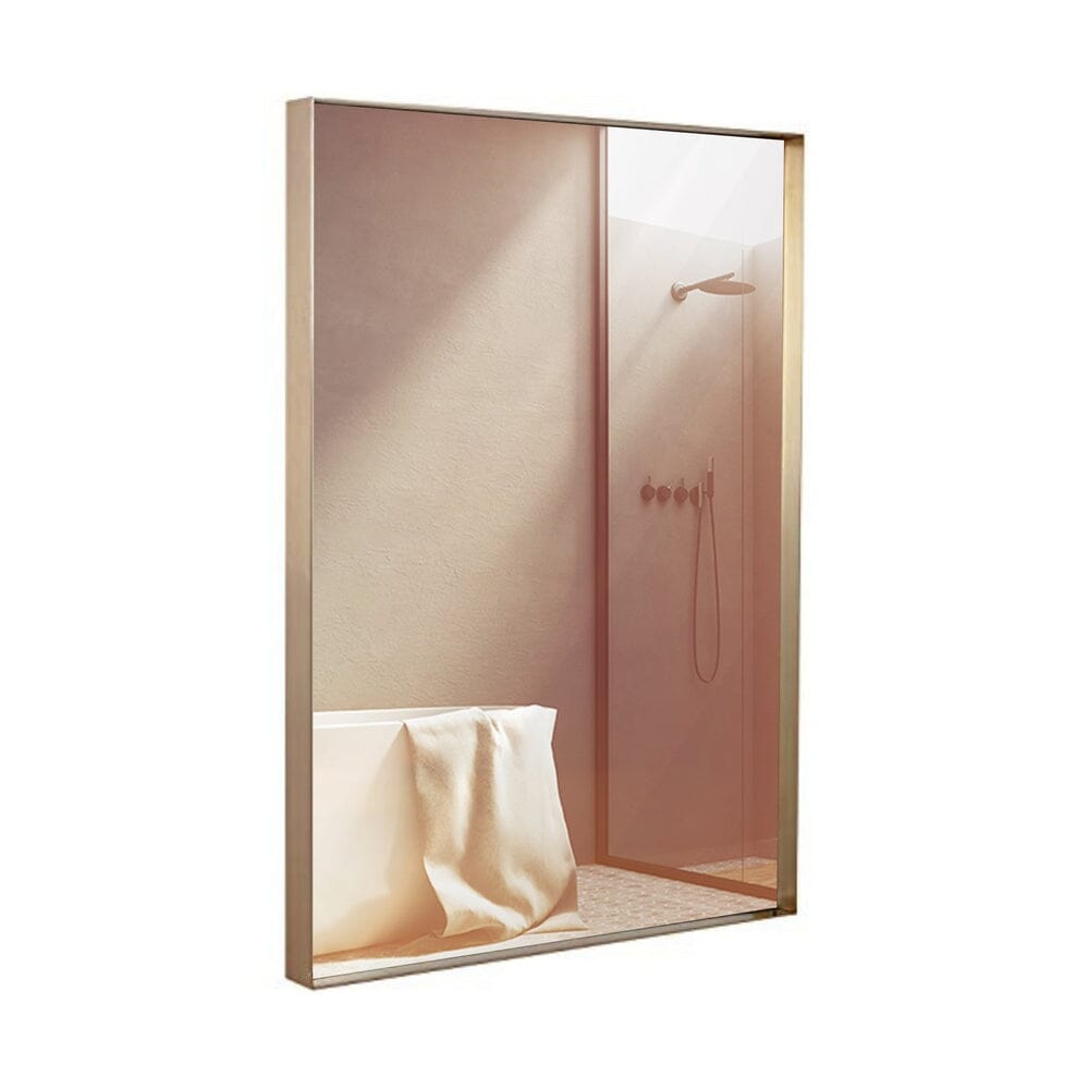 Contemporary Brushed Metal Wall Mirror | Glass Panel Gold Framed Squared Corner Deep Set Design (22