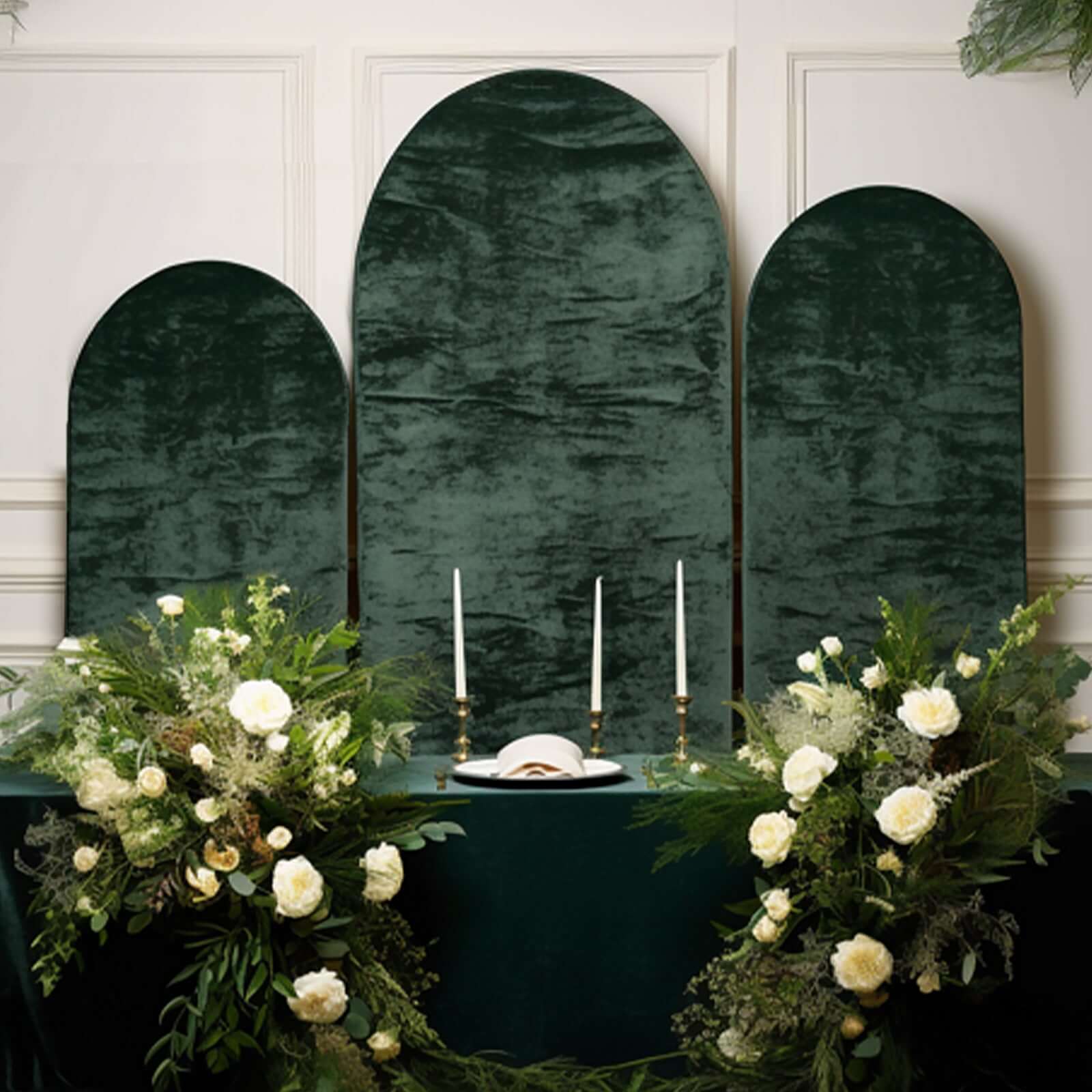 Set of 3 Hunter Emerald Green Crushed Velvet Chiara Wedding Arch Covers For Round Top Backdrop Stands 5ft, 6ft, 7ft