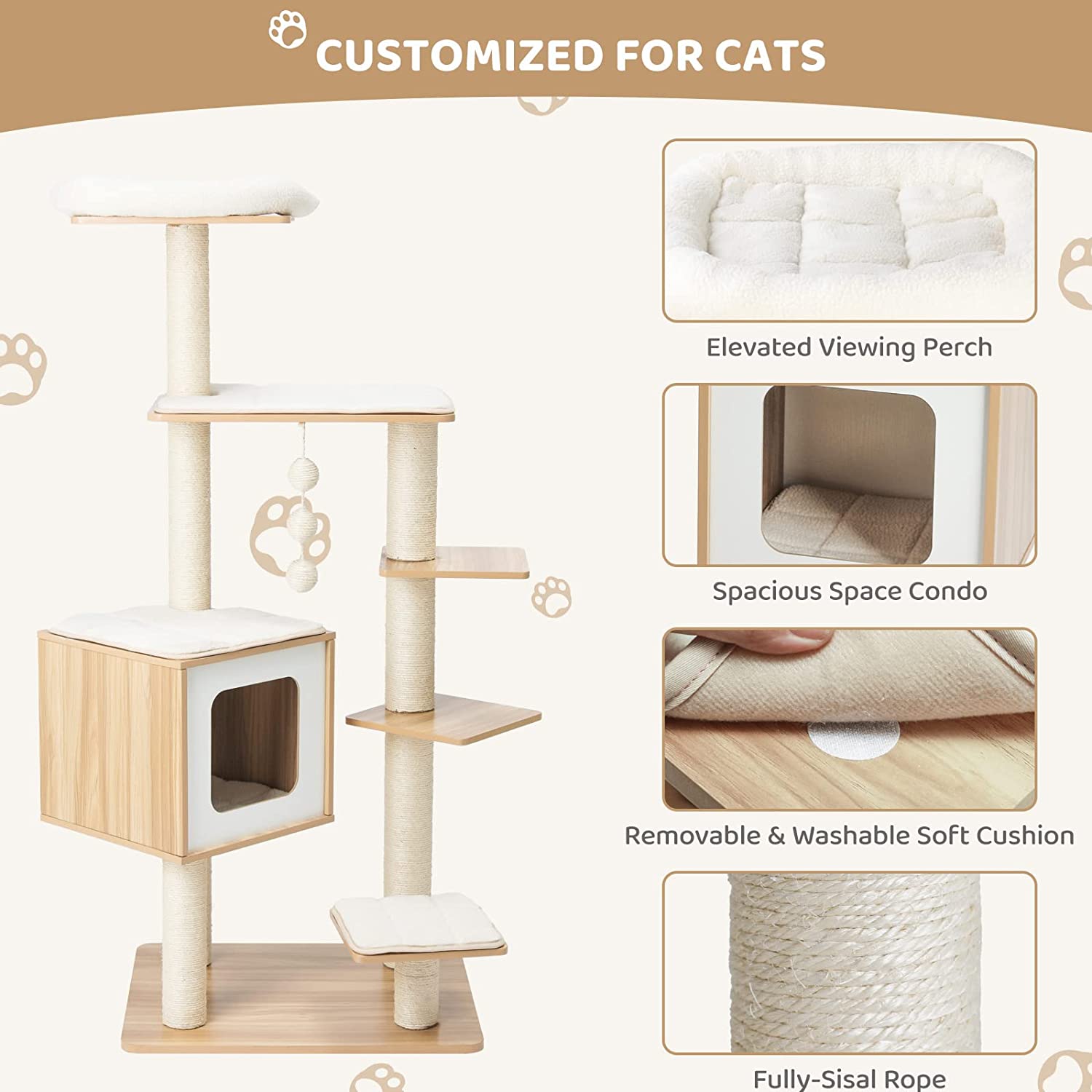 CHIE 55” Tall Modern Cat Tree Tower for Indoor Cats, Wooden Cat Climbing Stand Furniture, 6 Level Platform Cat Activities Condo House w/Scratch Post, Washable Mats&Top Perch, for Kittens&Large Cats