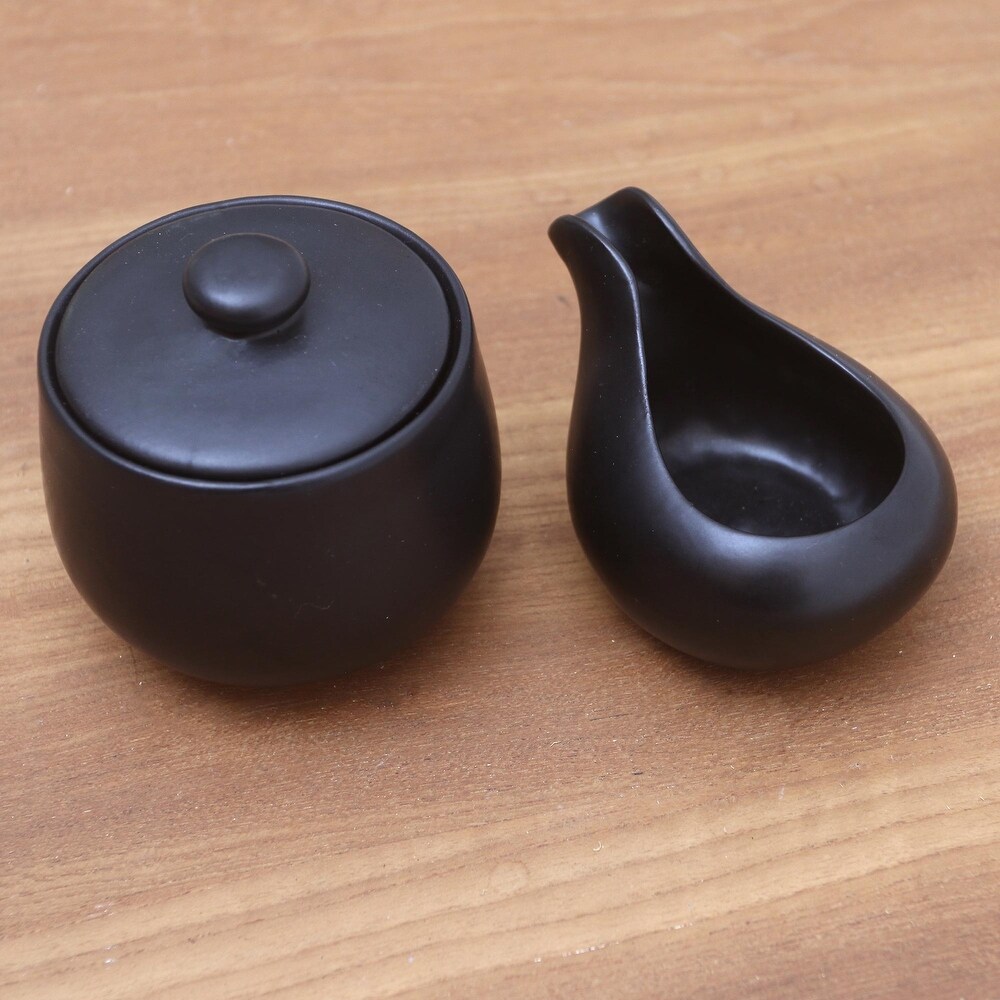 Novica Handmade Coffee Time In Black Ceramic Cream And Sugar Set (Pair)