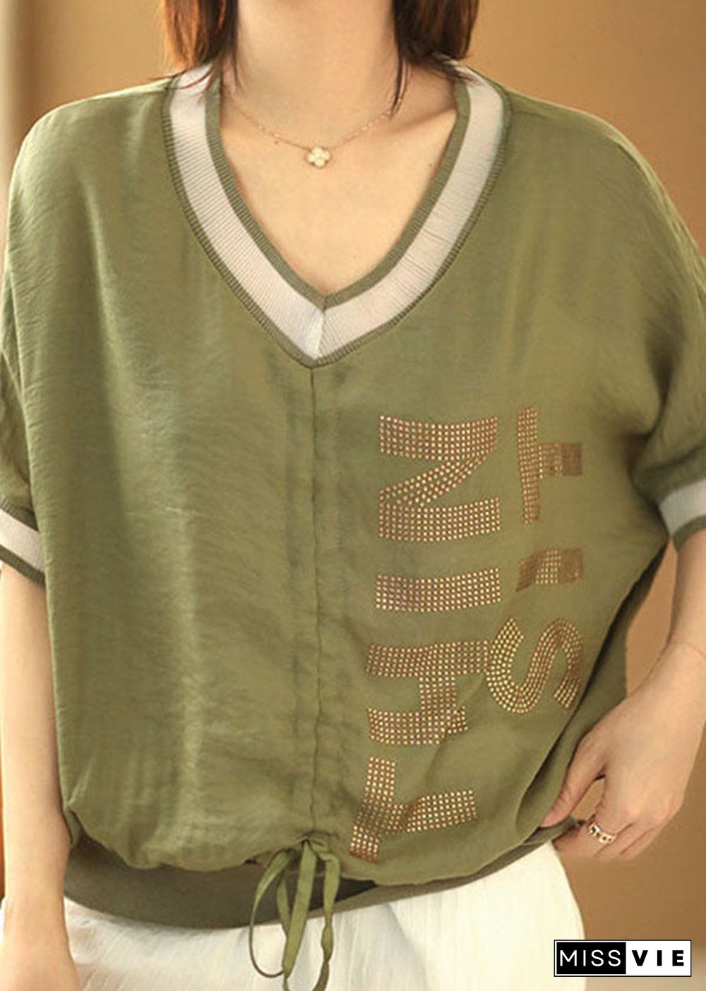 Beautiful Green V Neck Drawstring Patchwork Shirt Short Sleeve