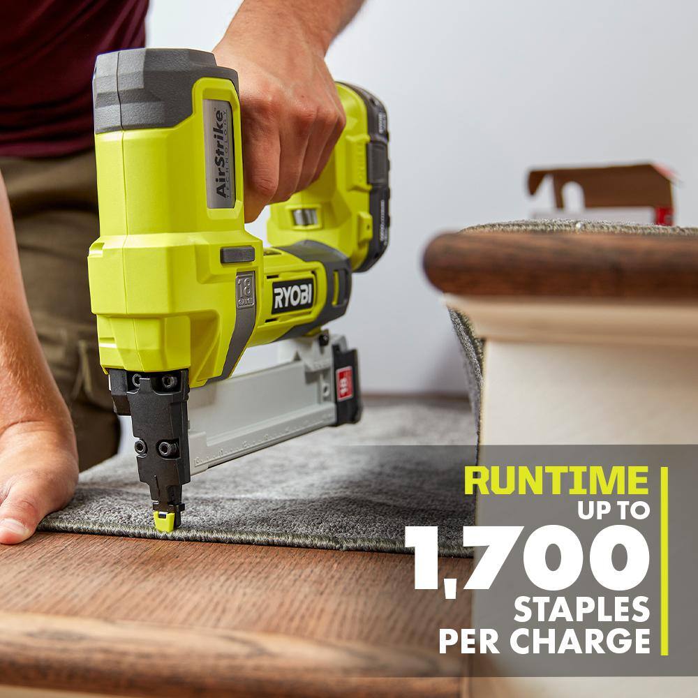 RYOBI ONE+ 18V AirStrike Cordless 16-Gauge Straight Finish Nailer w 18-Gauge Narrow Crown Stapler 2.0 Ah Battery and Charger P326-P361-PSK005