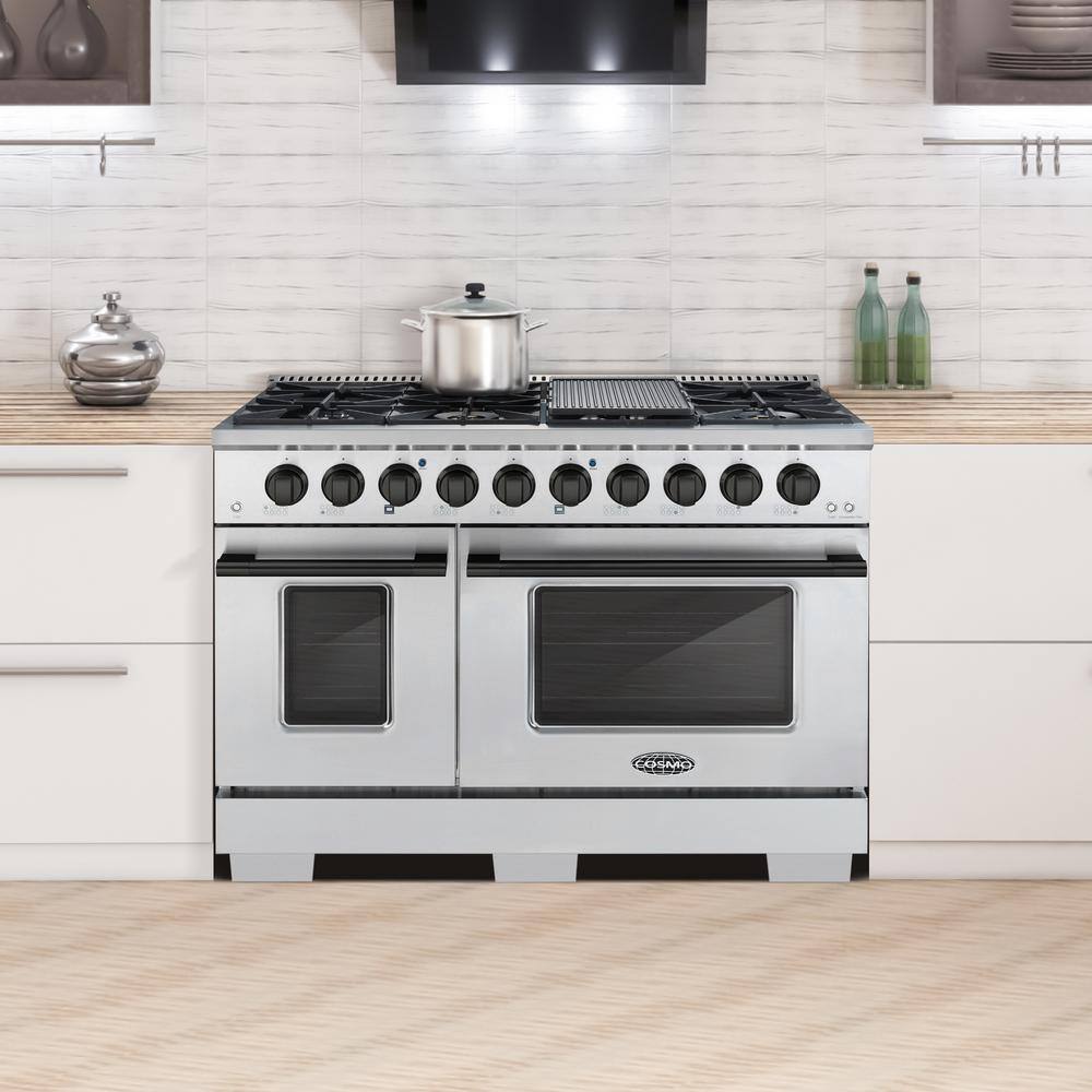 Cosmo 48 in. 5.5 cu. ft. Gas Range with 8 Burners  Cast Iron Grates in Stainless Steel with Black Custom Handle and Knob Kit COS-2PKG-175