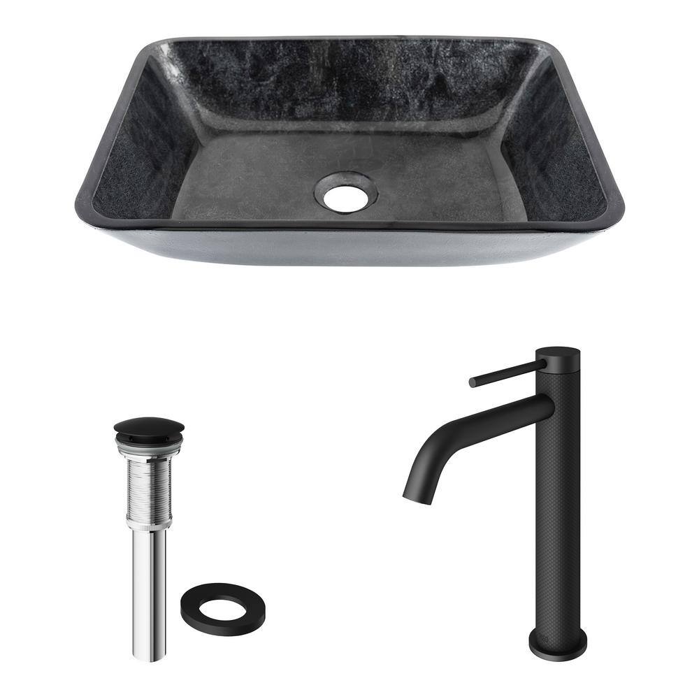 VIGO Glass Rectangular Vessel Bathroom Sink in Onyx Gray with Lexington Faucet and Pop-Up Drain in Matte Black VGT1416