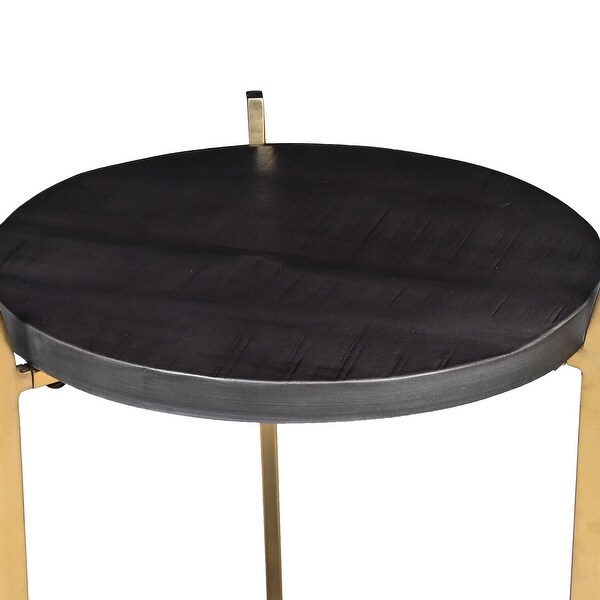 Tali 16 Inch Handcrafted Round Side End Table， 2 Tier， Charcoal Gray Acacia Wood， Sleek Gold Metal Legs