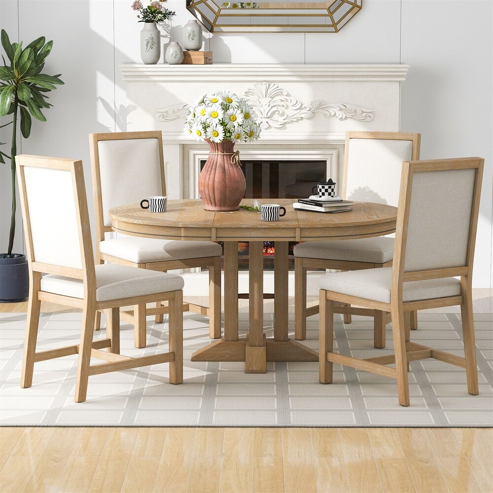 Merax 5 Piece Dining Set Extendable Round Table and 4 Upholstered Chairs